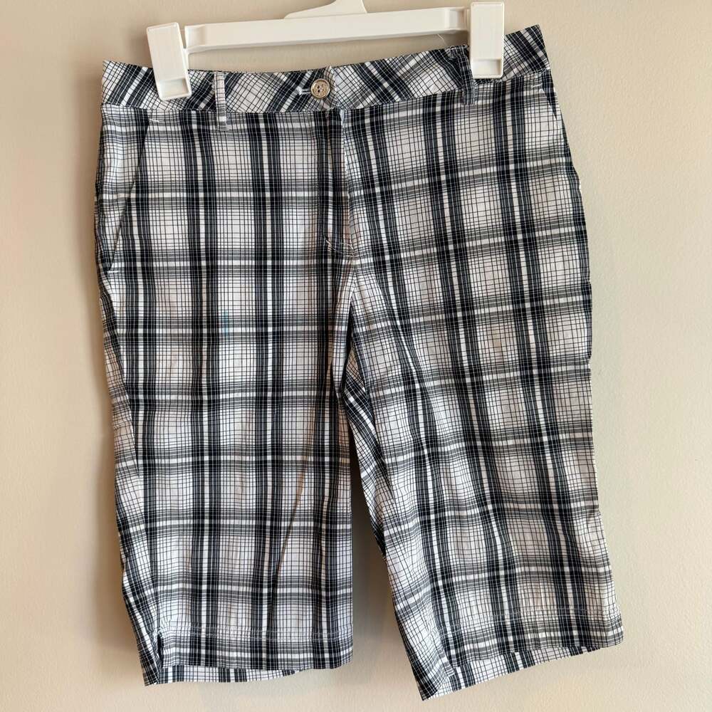 Bugatchi Women’s Plaid Bermuda Shorts Black and White Checkered Knee-Length- Siz